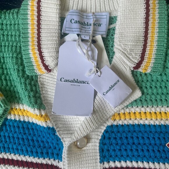 CASABLANCA Camp-Collar Logo-Appliquéd Striped Open-Knit Stretch-Cotton Shirt - Picture 5 of 10